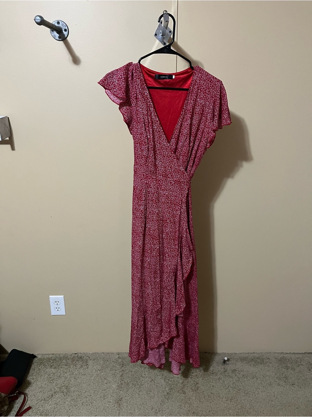 Red Floral Wrap Maxi Dress with Flutter Sleeves